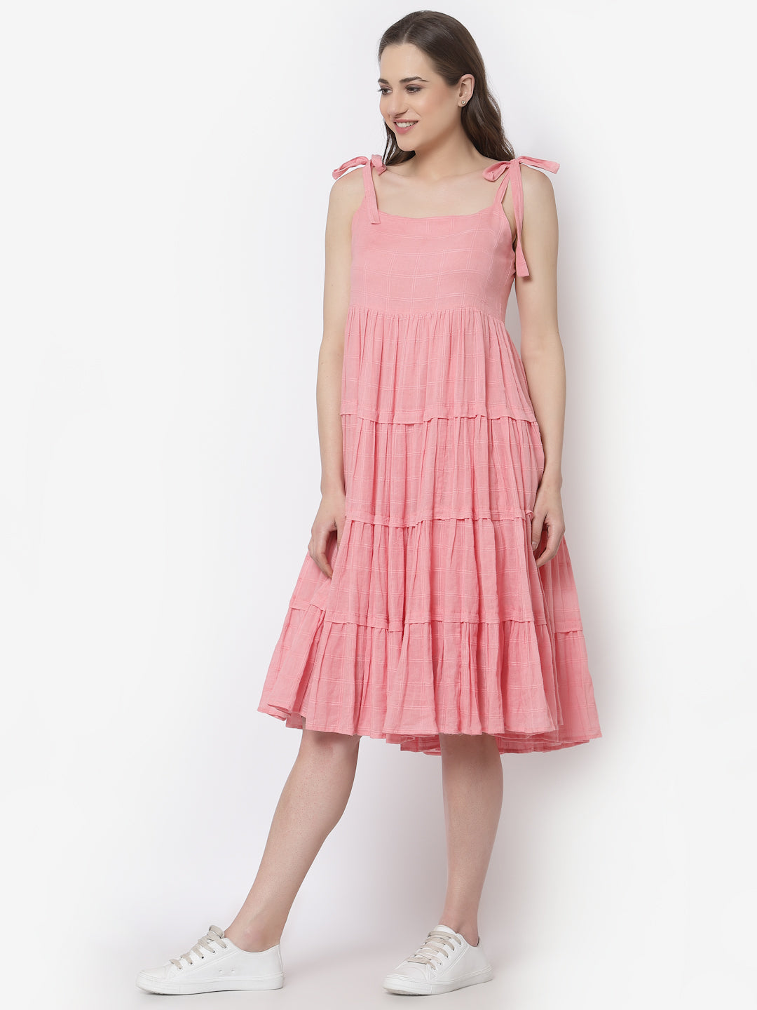 Terquois Self Checked Tiered Casual Dress With Tie-Ups Dresses TERQUOIS   