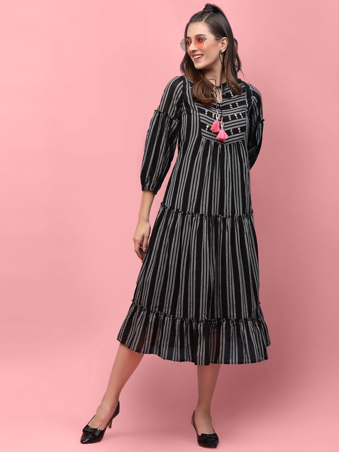 Terquois Black stripes with Tie-Up neck and Three quarter sleeves Dresses TERQUOIS   