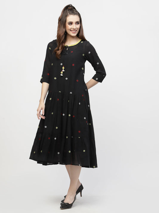 Terquois Self Design Black Polka Design Casual Dress with Ruffle Tie-up Neck Dresses TERQUOIS   
