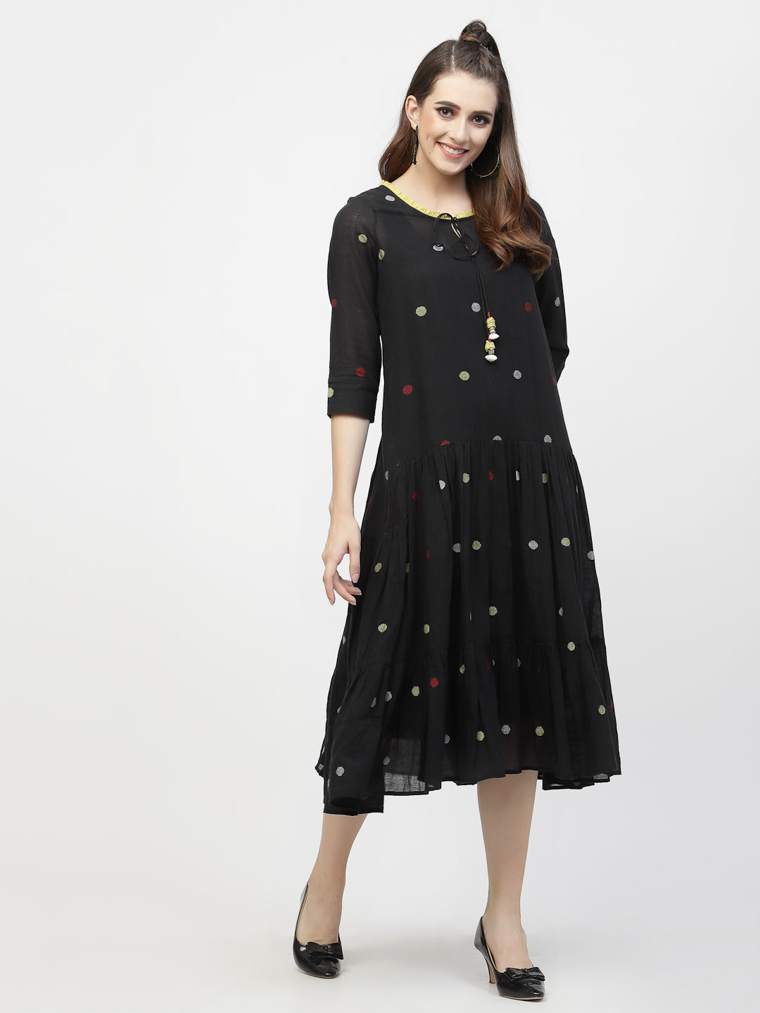 Terquois Self Design Black Polka Design Casual Dress with Ruffle Tie-up Neck Dresses TERQUOIS   