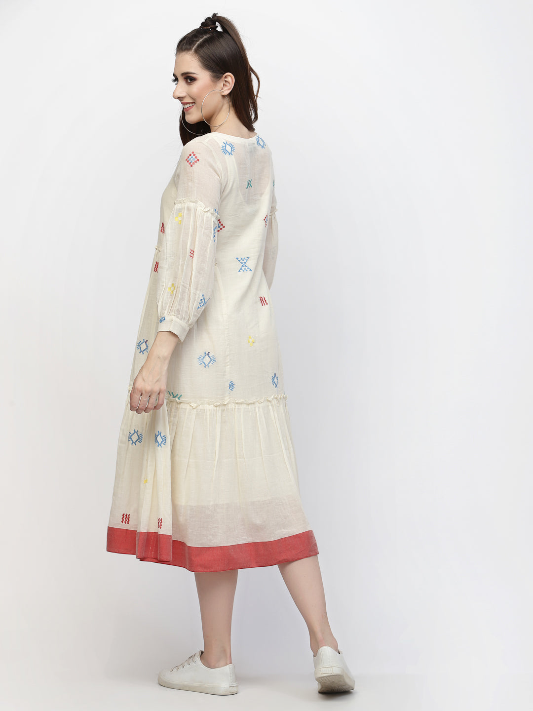 Terquois Offwhite Embroidered Casual Dress with Round Neck Dresses TERQUOIS   