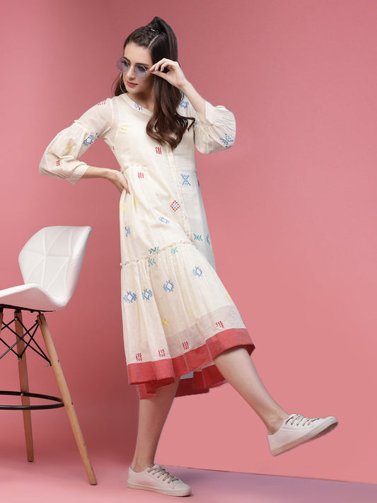 Terquois Offwhite Embroidered Casual Dress with Round Neck Dresses TERQUOIS   