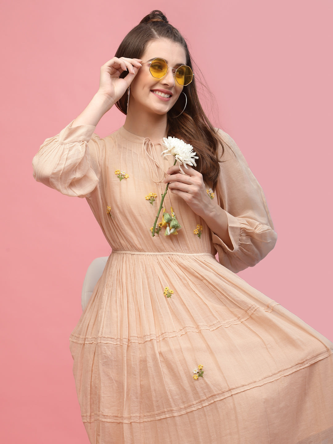 Terquois Beige with yellow Frill Casual Dress with Tie-Up Neck Dresses TERQUOIS   
