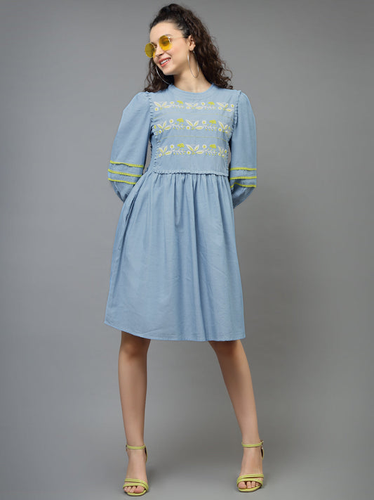 Terquois Lightblue Cotton casual dress with Floral Embroideries Dresses TERQUOIS   