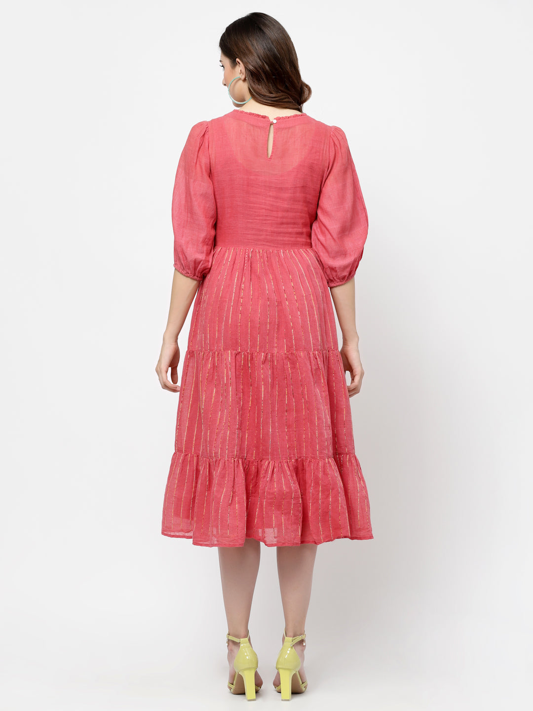 Terquois Self-Design Striped Pink Casual Dress with gathers and Round ruffled Neck Dresses TERQUOIS   