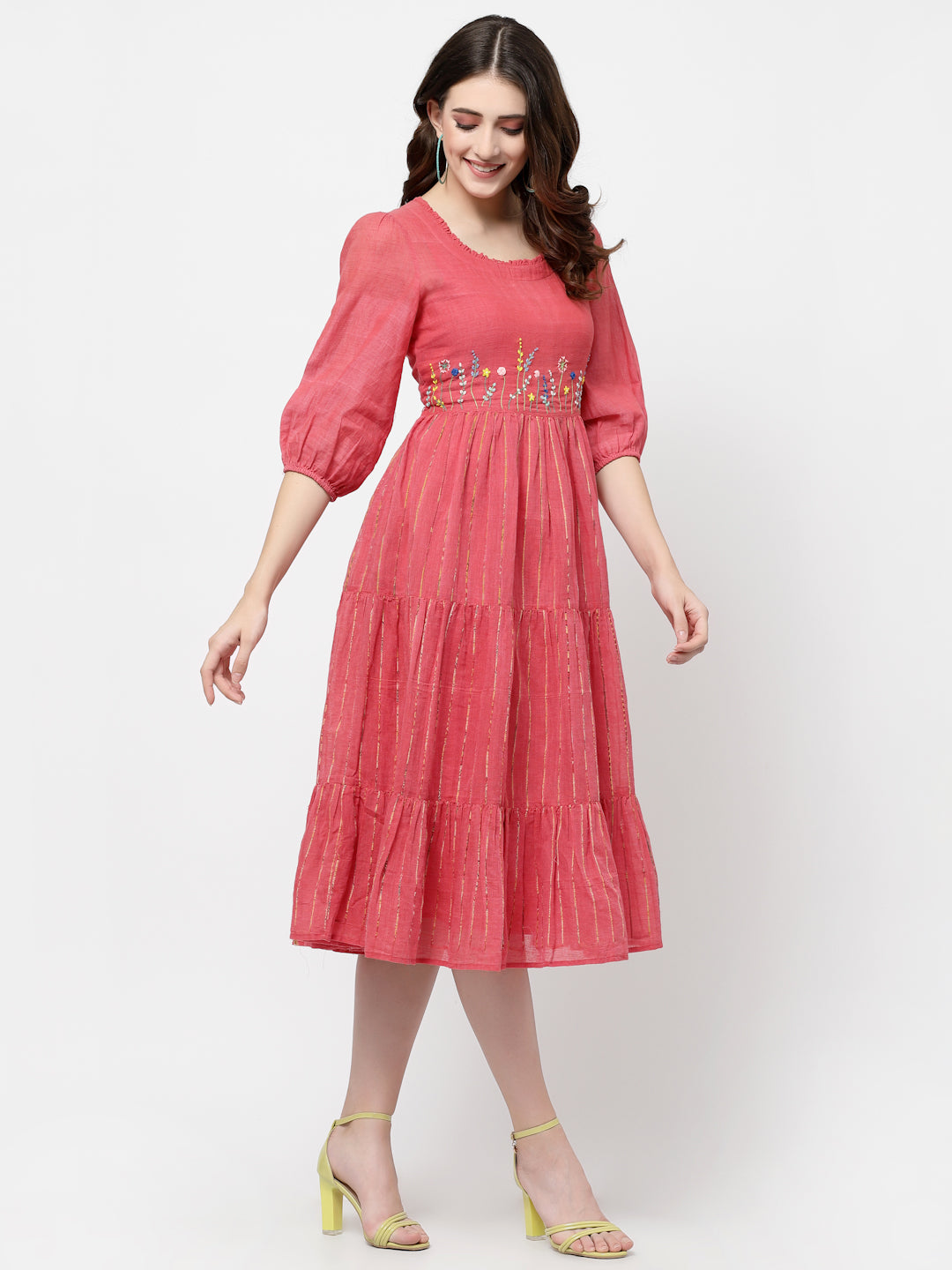Terquois Self-Design Striped Pink Casual Dress with gathers and Round ruffled Neck Dresses TERQUOIS   