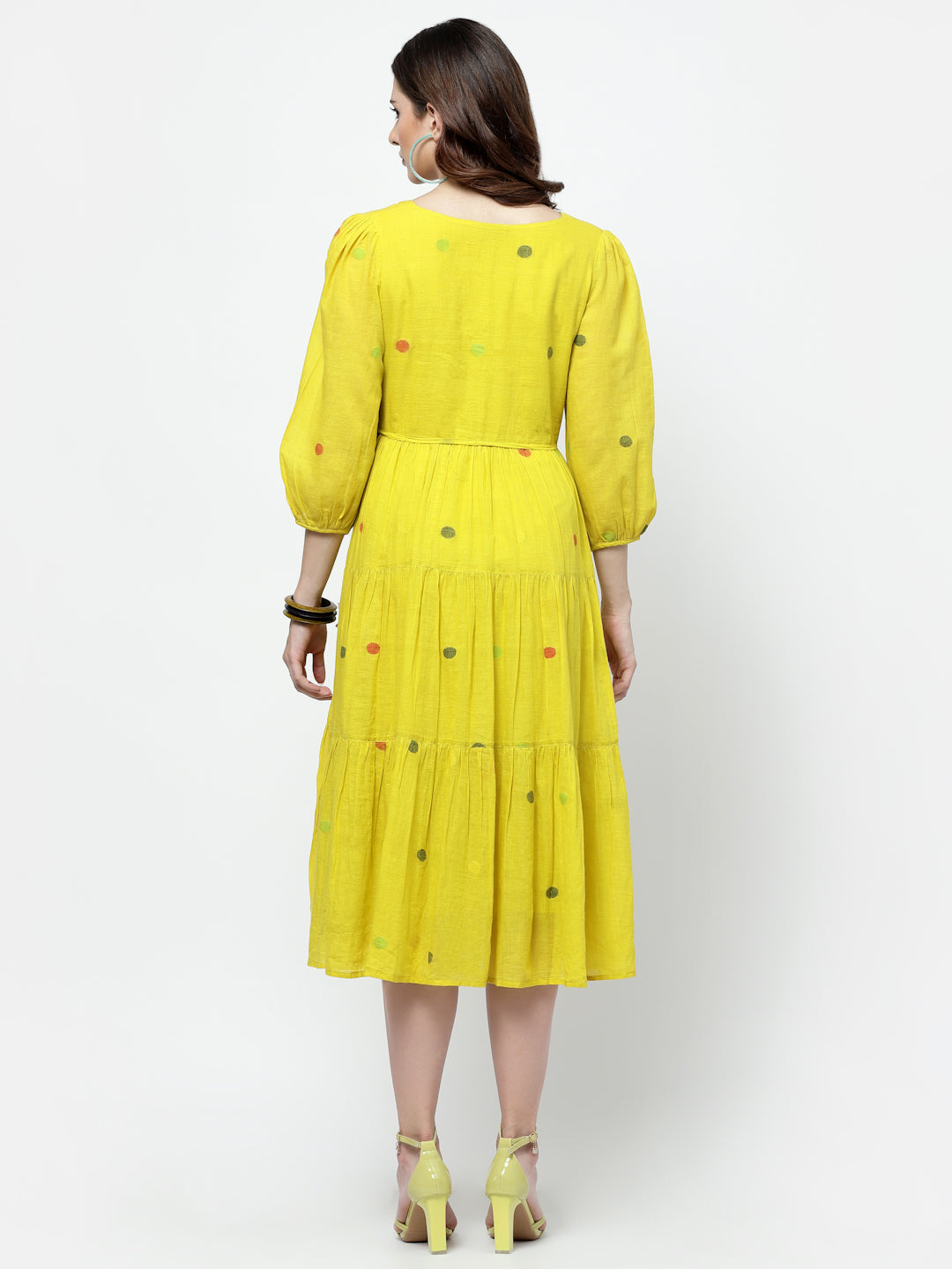 Terquois Polka Design Yellow Casual Dress with V-Neck,Gathers and Fashion Sleeves Dresses TERQUOIS   