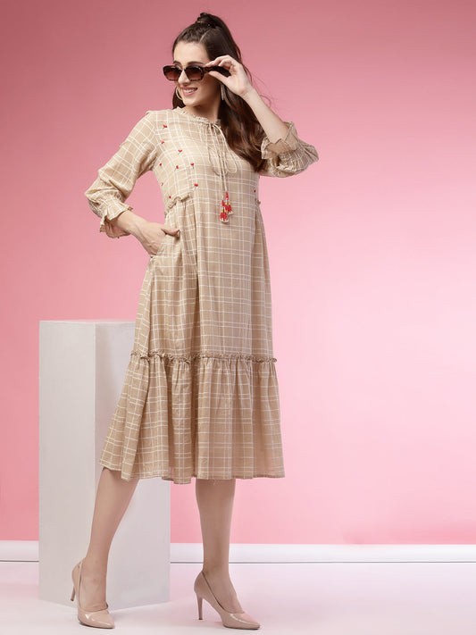 Terquois Self Design Beige Checkered Casual Dress with Ruffle Tie-up Neck Dresses TERQUOIS   