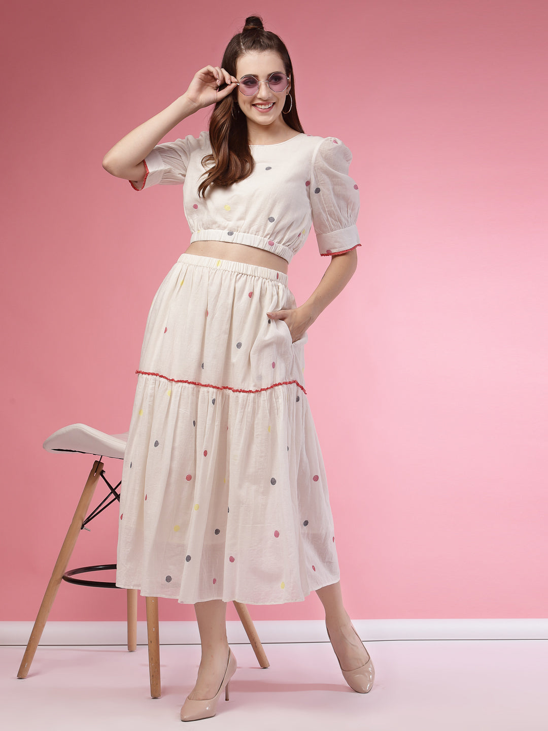Terquois Polka Self-Design Casual Skirt-Top with Gathers and Ruffles Coordinate Sets TERQUOIS   