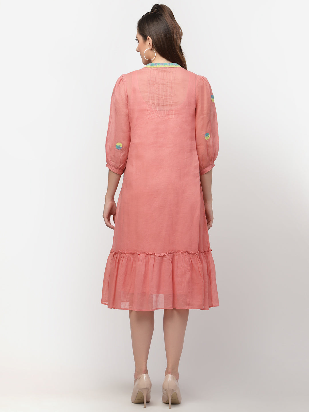Terquois Pink Embroidered Casual Dress with Tie-Up Neck and Ruffles Dresses TERQUOIS   