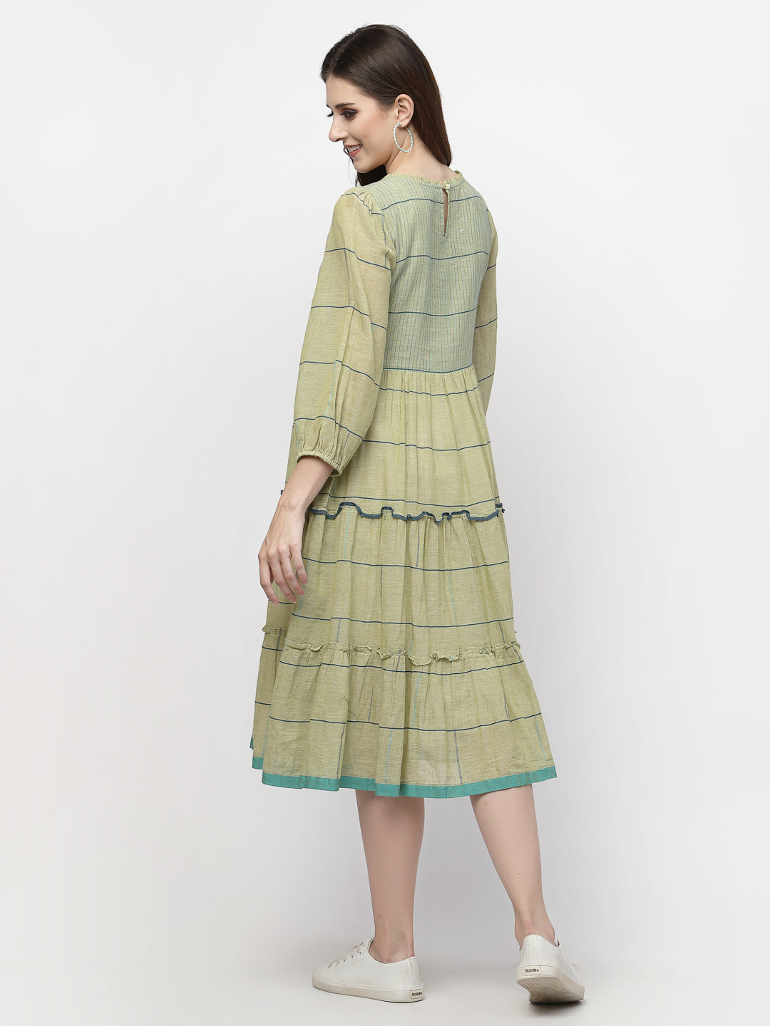 Terquois Green Stripes Woven A-line Dress with Gathers detail and has a Round-neck Dresses TERQUOIS   