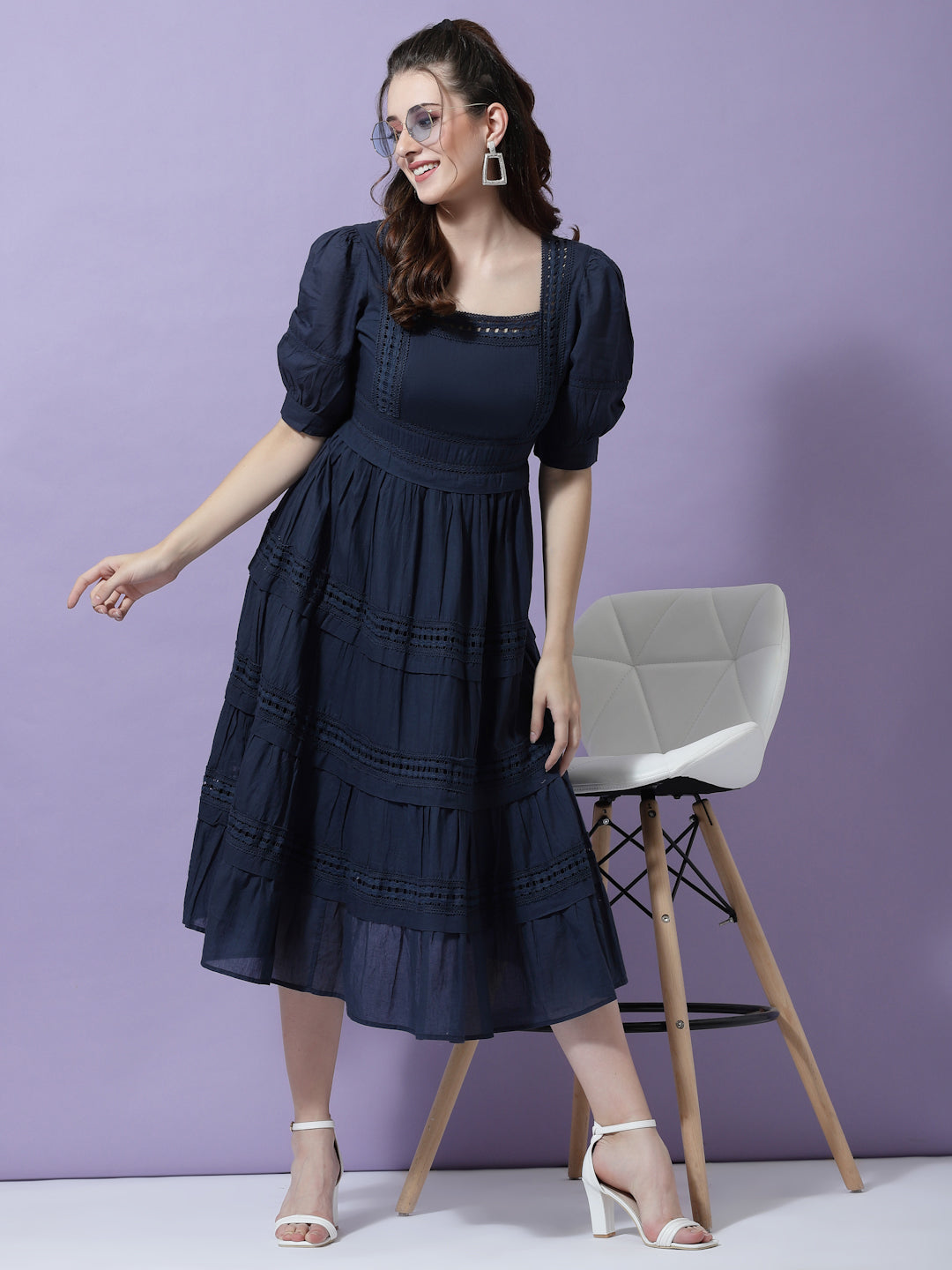 Terquois Self-Design Casual Dress with Antique Lace Dresses TERQUOIS S Navyblue 