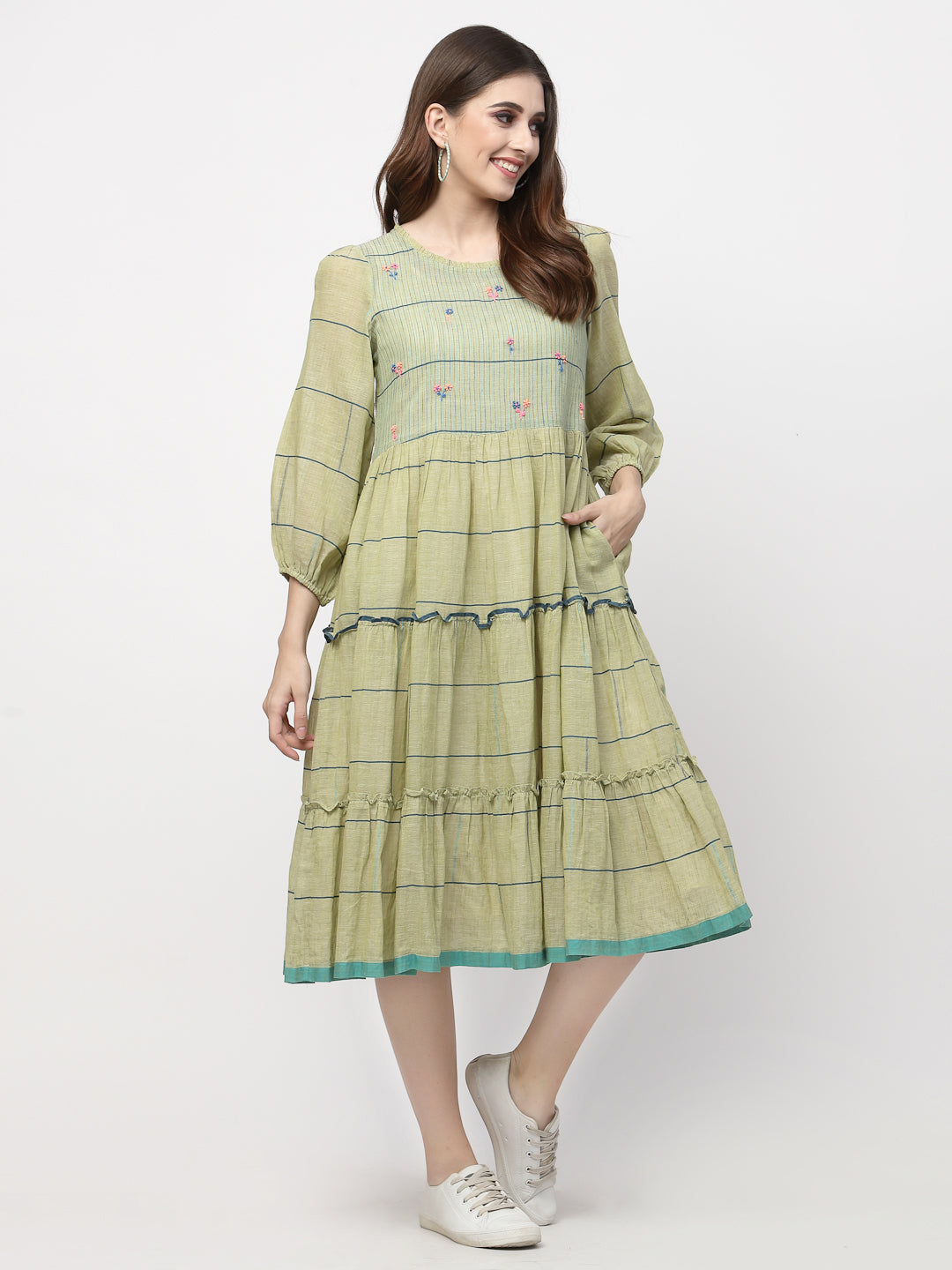 Terquois Green Stripes Woven A-line Dress with Gathers detail and has a Round-neck Dresses TERQUOIS   