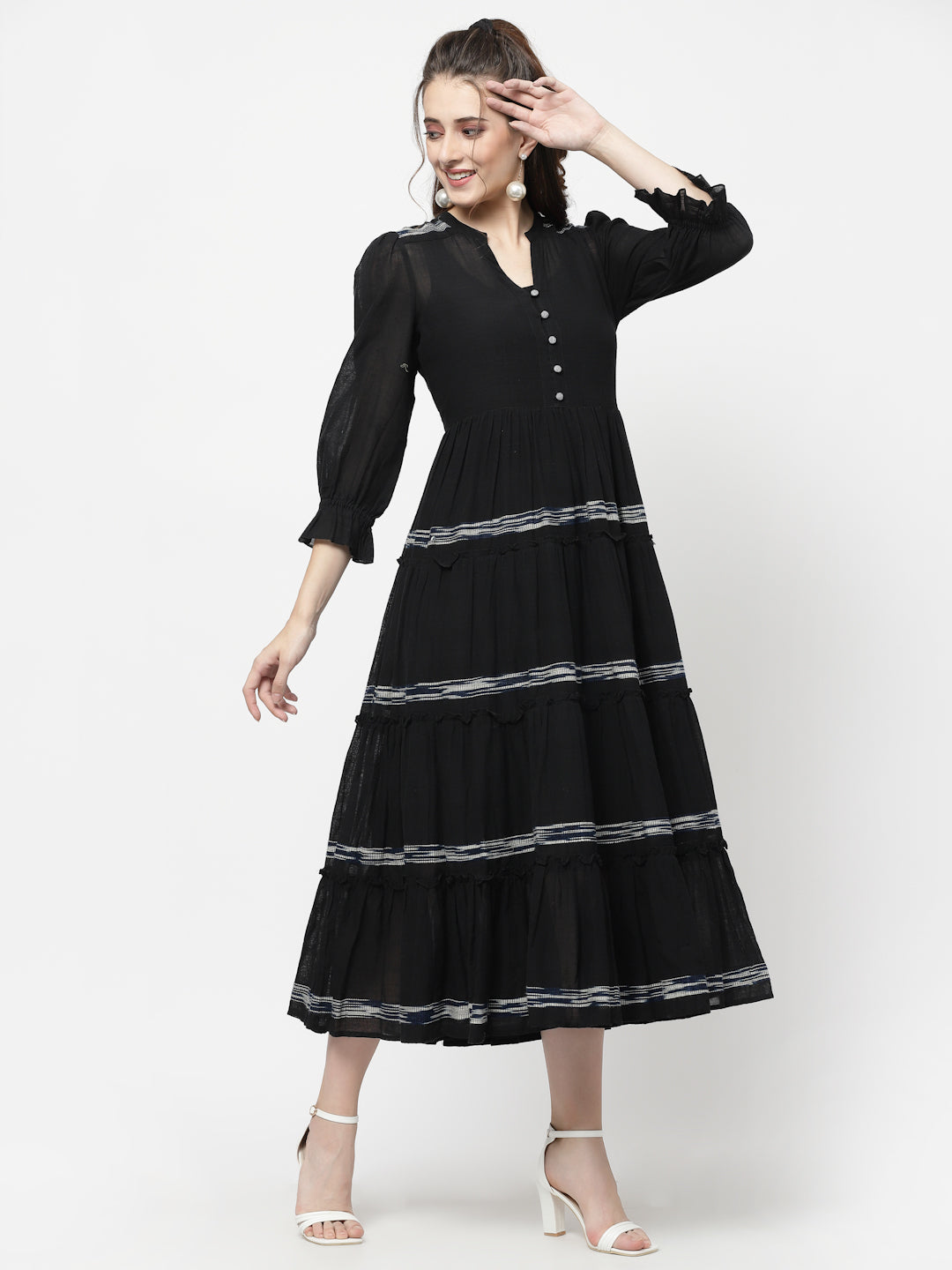 Terquois Black Dobby Two Layered Casual Dress With Collar-Neck Dresses TERQUOIS   