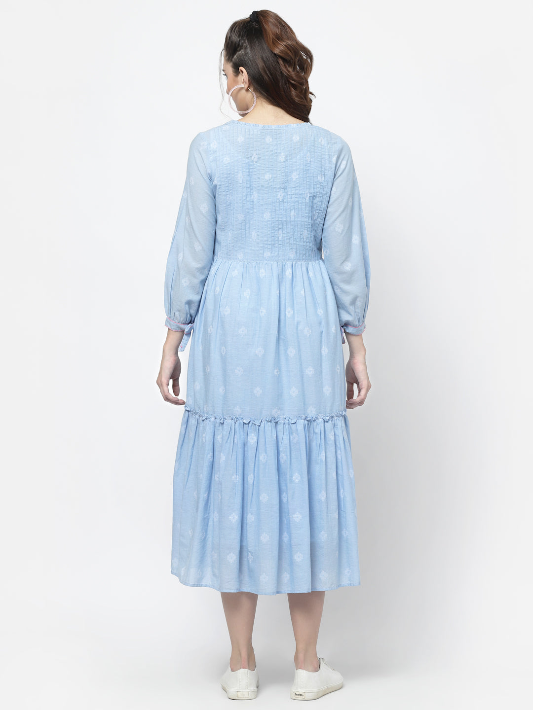 Terquois Self Design Blue Casual Dress with Ruffle Round Neck Dresses TERQUOIS   