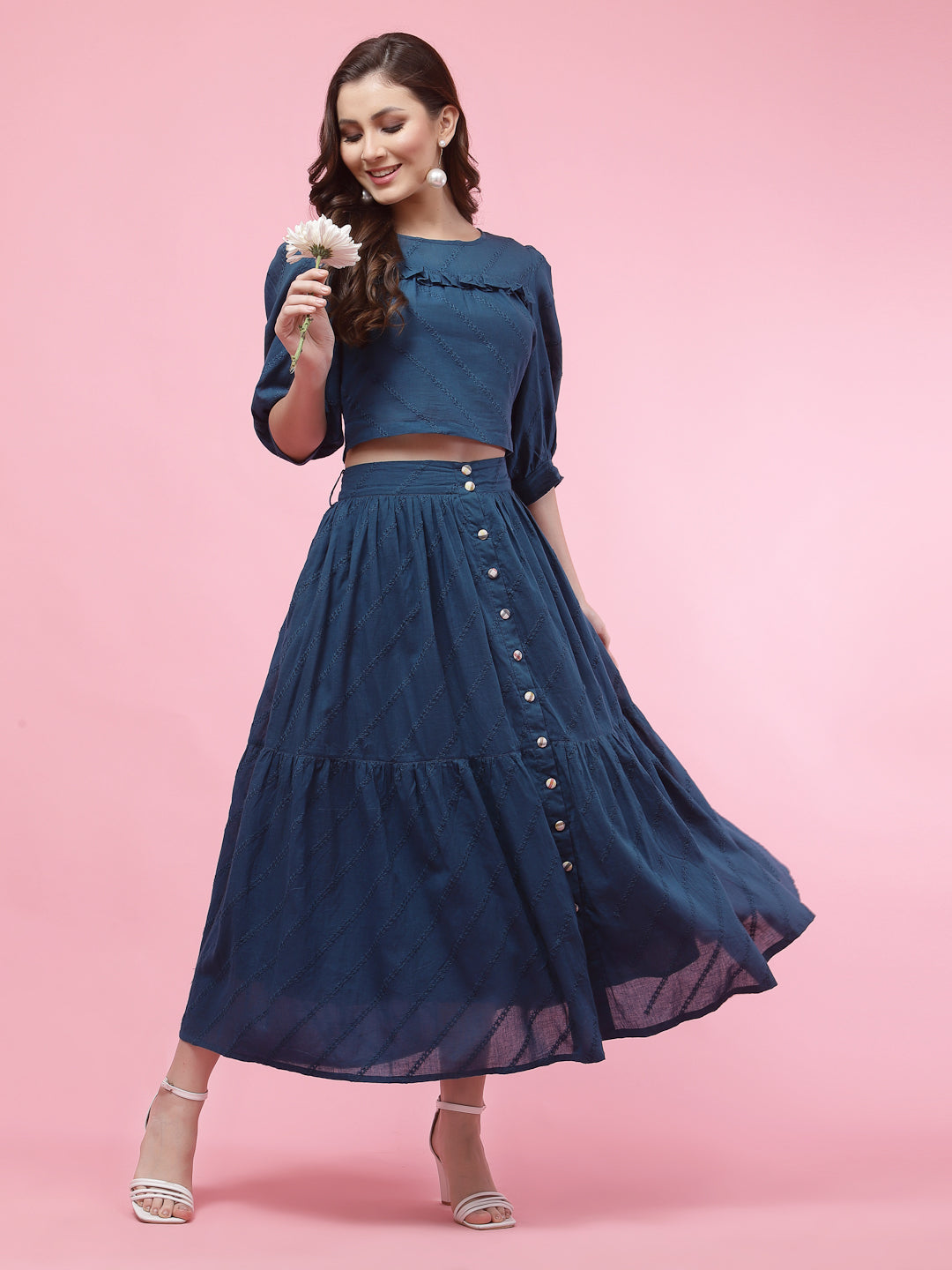 Terquois Yellow and Blue Self-Design Casual Skirt-Top with gathers Coordinate Sets TERQUOIS S Blue 