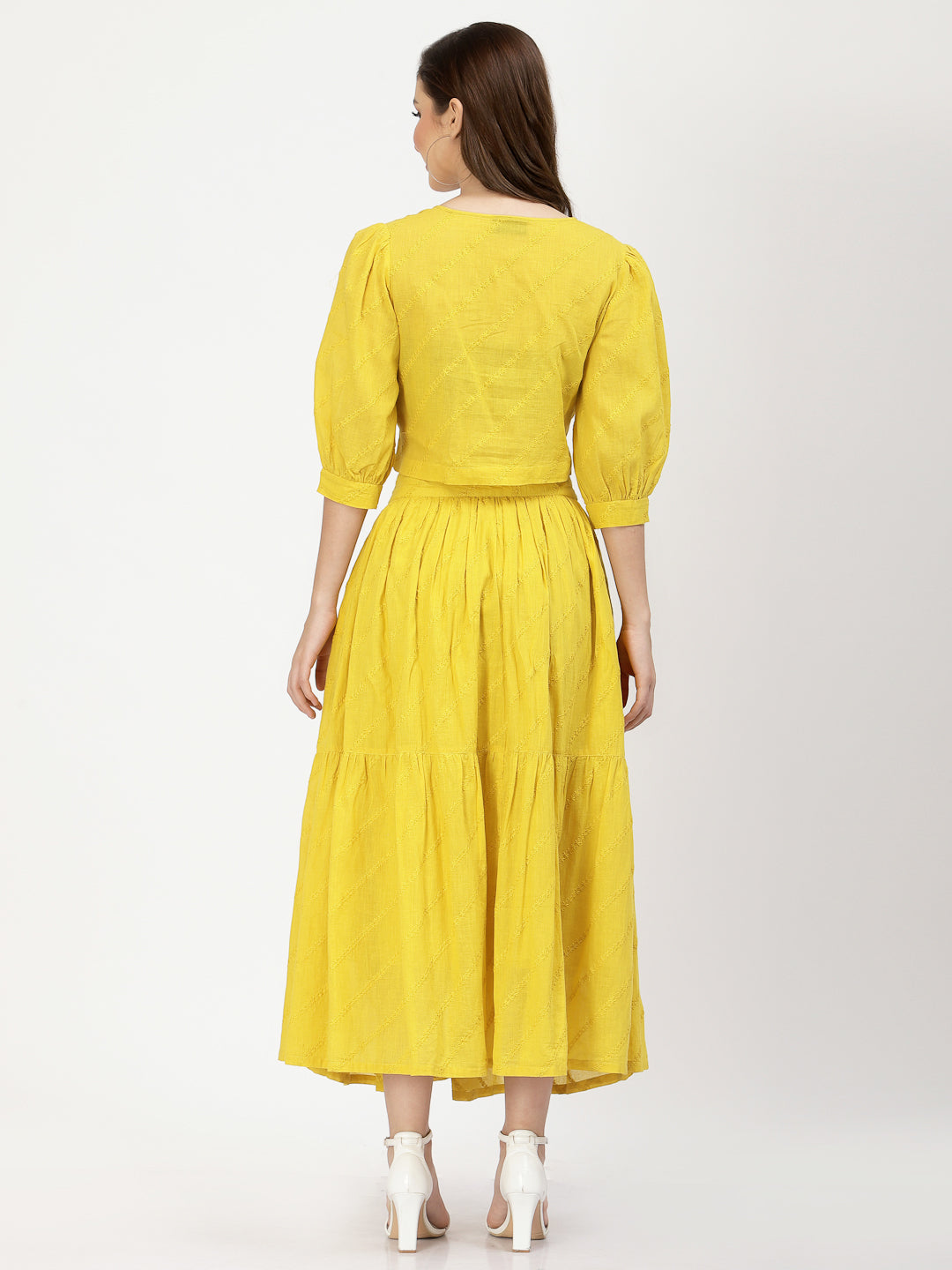 Terquois Yellow and Blue Self-Design Casual Skirt-Top with gathers Coordinate Sets TERQUOIS   