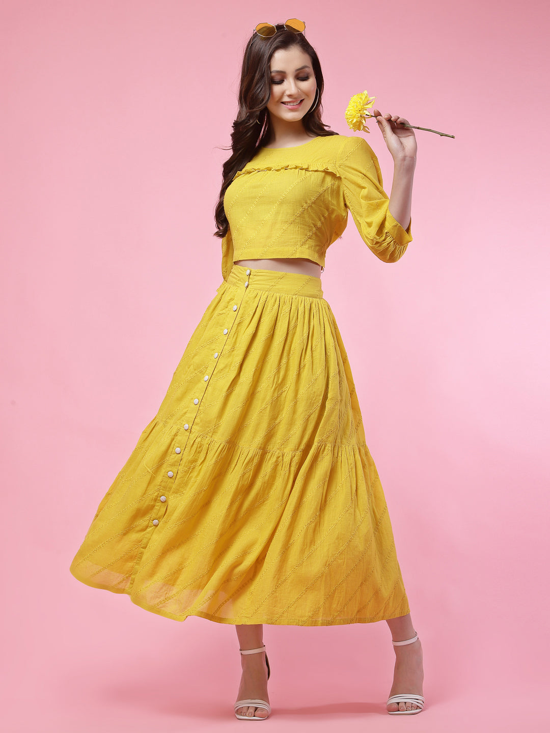 Terquois Yellow and Blue Self-Design Casual Skirt-Top with gathers Coordinate Sets TERQUOIS S Yellow 