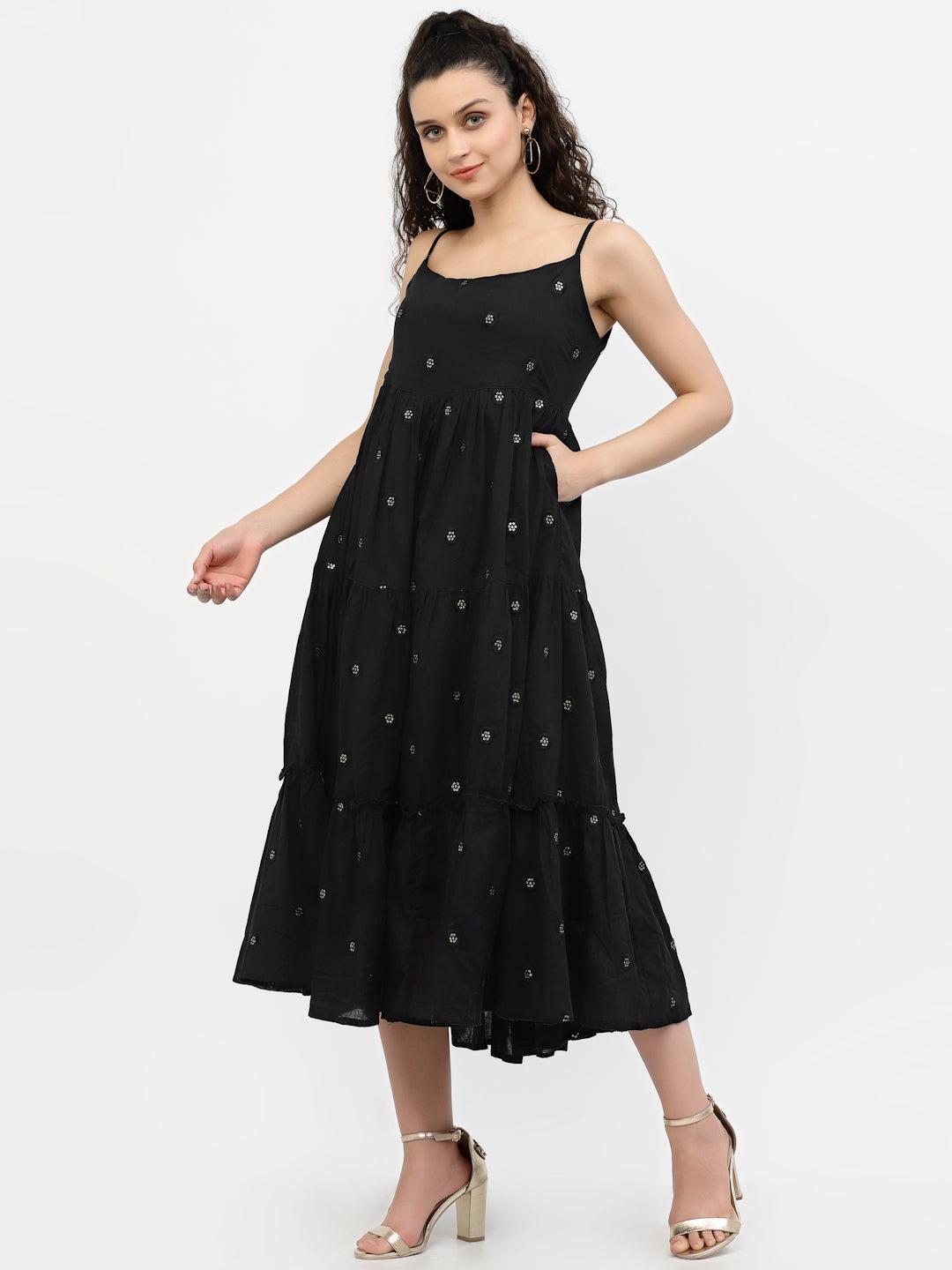 Terquois Black Cotton Mal Tiered Self Design Casual Dress with Gathers and ruffle Dresses TERQUOIS   