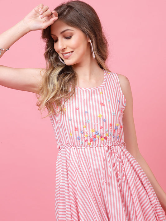 Terquois Pink Stripes Double layered Casual Dress with Round-Neck Dresses TERQUOIS   