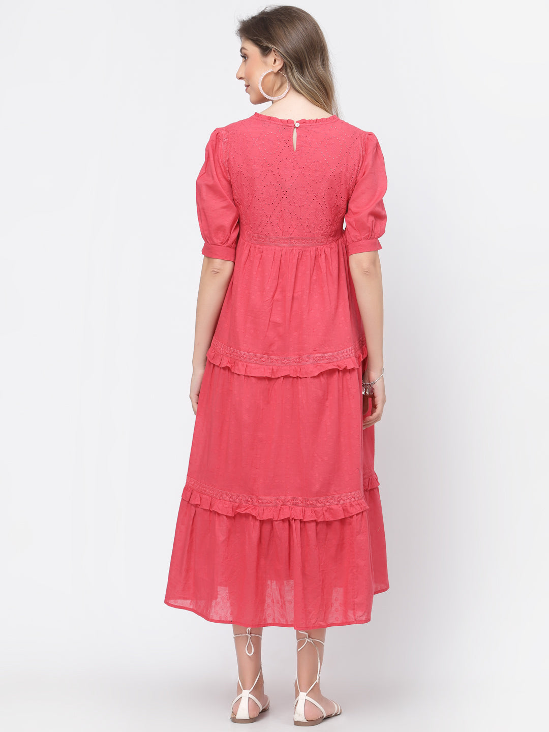 Terquois Self-Design Pink Casual Dress with Ruffled-Neck,Gathers and Emblished with Lace Dresses TERQUOIS   