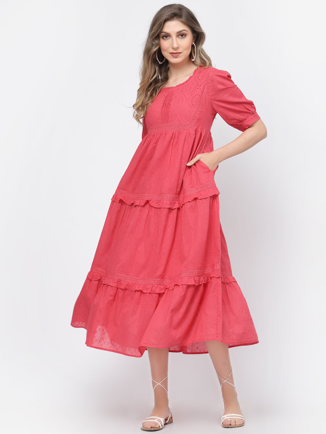 Terquois Self-Design Pink Casual Dress with Ruffled-Neck,Gathers and Emblished with Lace Dresses TERQUOIS   