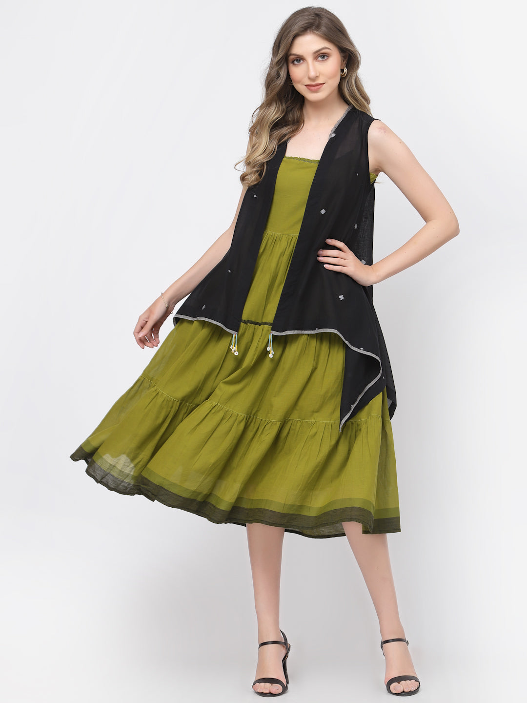 Terquois Spaghetti Green Self-Design Casual Dress with gathers Dresses TERQUOIS   