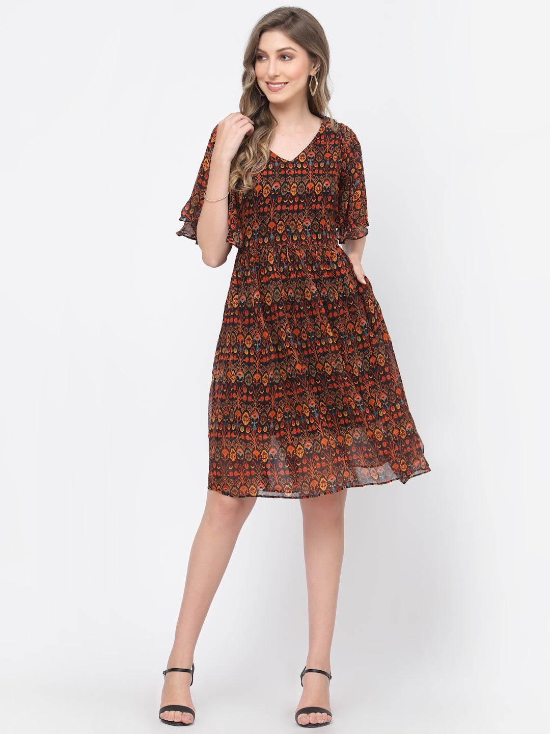 Terquois Multi-Color Printed Georgette casual dress with V-Neck Dresses TERQUOIS   