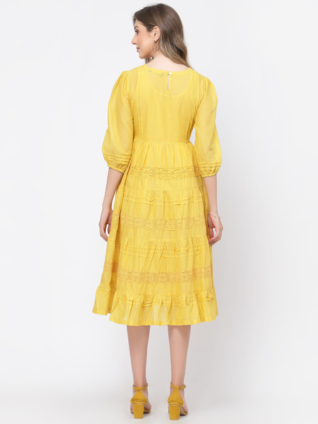 Terquois Self-Design Yellow Casual Dress with Antique Lace and gathers Dresses TERQUOIS   