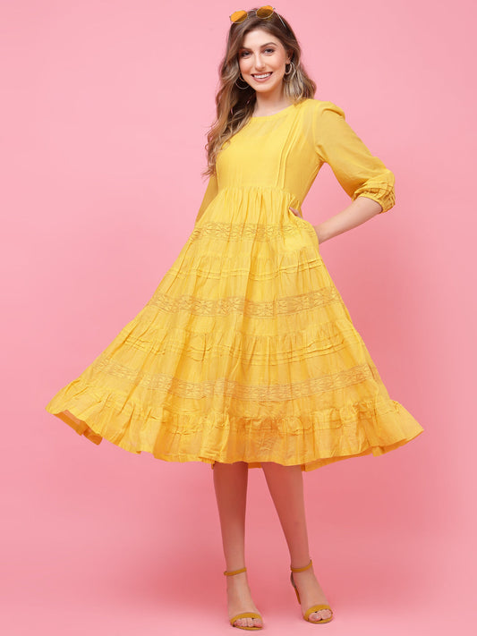 Terquois Self-Design Yellow Casual Dress with Antique Lace and gathers Dresses TERQUOIS   