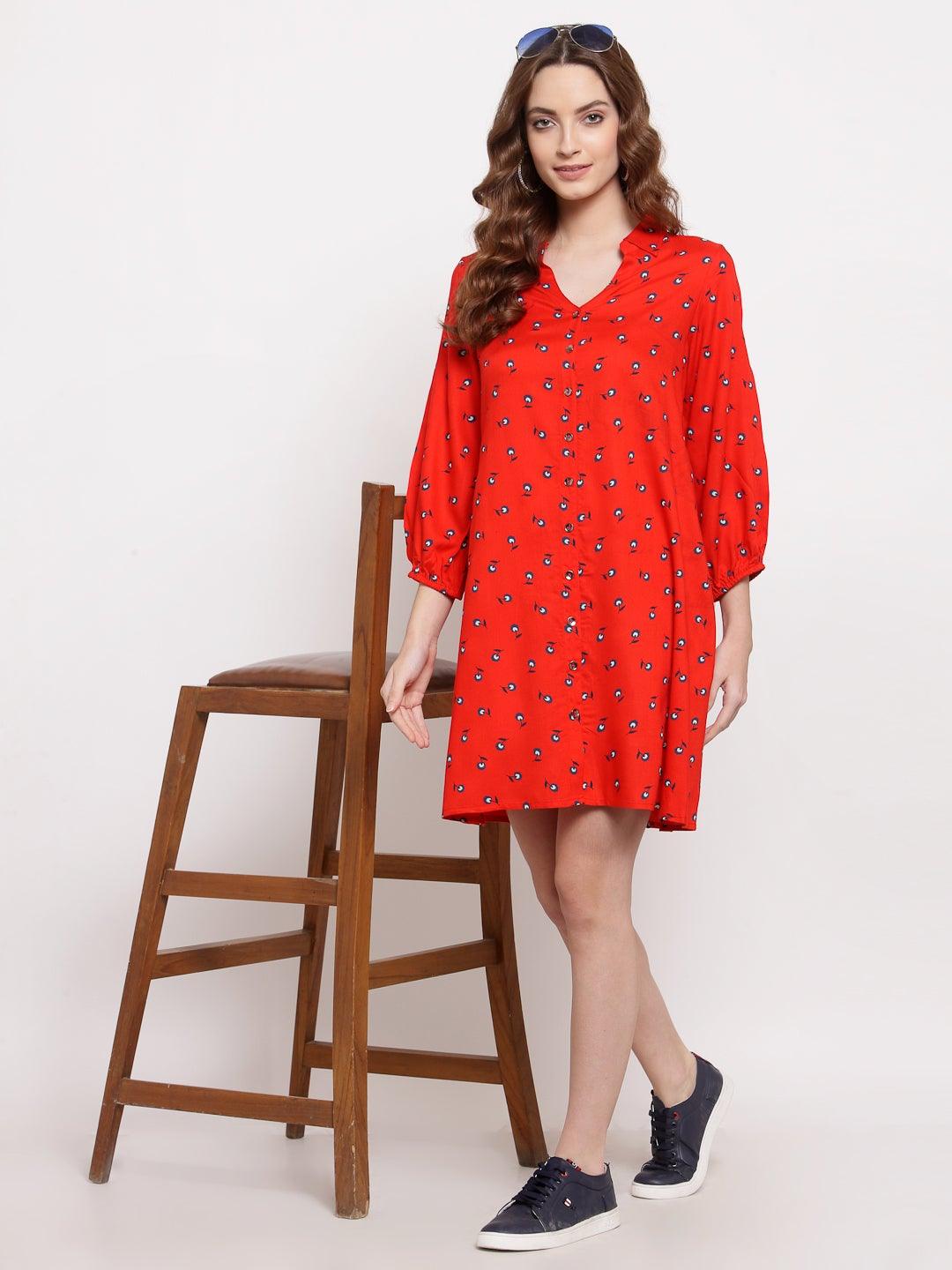 Terquois Red Floral Printed Casual V- Neck Shirt Dress Dresses TERQUOIS   